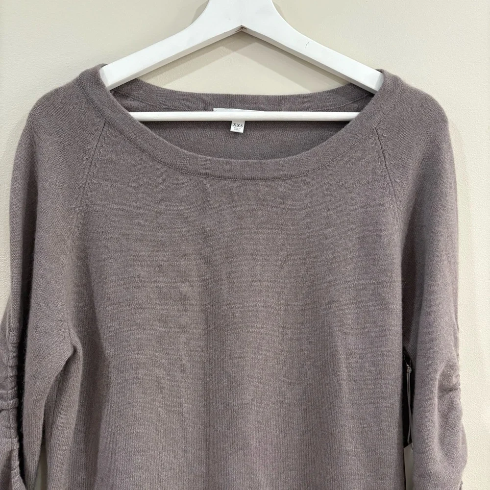 NWT ROI 100% Cashmere Shirred Sleeve Sweater Taupe XXS Luxe Knit Pullover $348